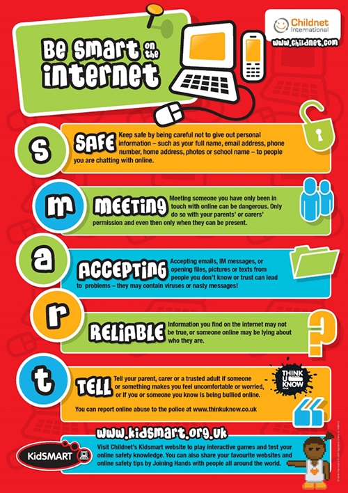 S for Safe: Keep personal details away from strangers. M for Meet: Don’t meet people that you know online unless you’re with a trusted adult. A for Accept: Don’t click any links that you’re unsure about. Ask a trusted adult. R for Reliable: Don’t believe everything people tell you. Always check trusted sources to find the truth. T for Tell: If you see something online that upsets you, tell a trusted adult straight away!